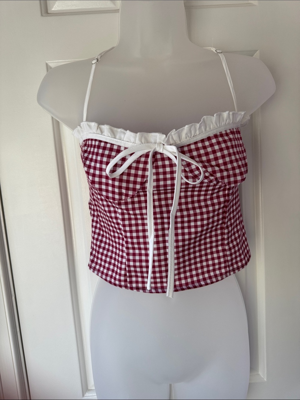 Red Gingham Ruffle Tie-Front Crop Top
